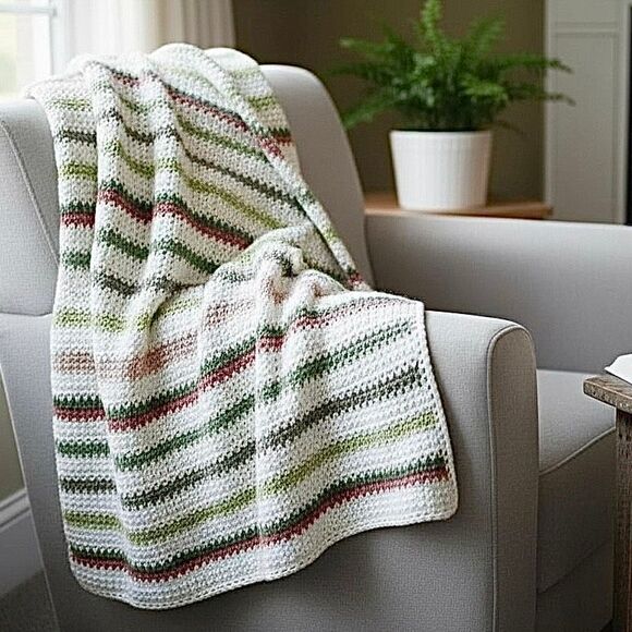 Handmade Crochet Striped Throw Blanket White Pink Green Afghan 50x56 Cozy Decor - Picture 1 of 4